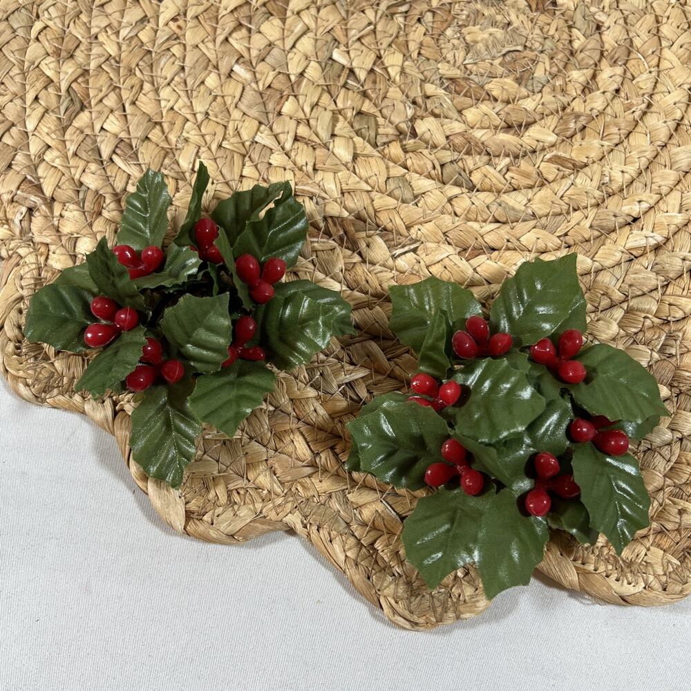 Vintage Set of 2 Christmas Taper Candle Rings Holly Berries Green & Red Wreaths